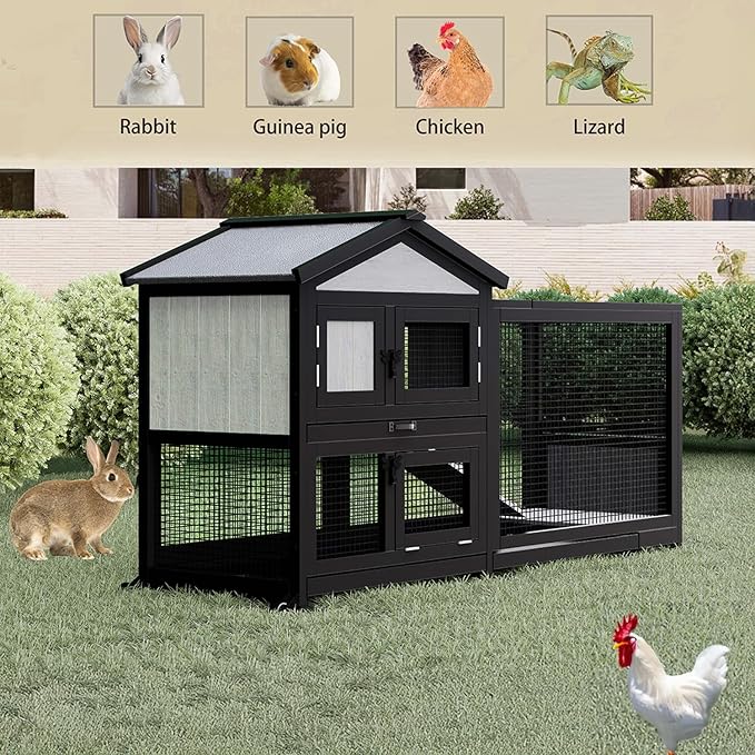 57.9” Indoor/Outdoor Rabbit Hutch with Run, 2-Story Wooden Bunny House with Leak-Proof Trays & Chew-Proof Ramp, Wheels for Easy Movement