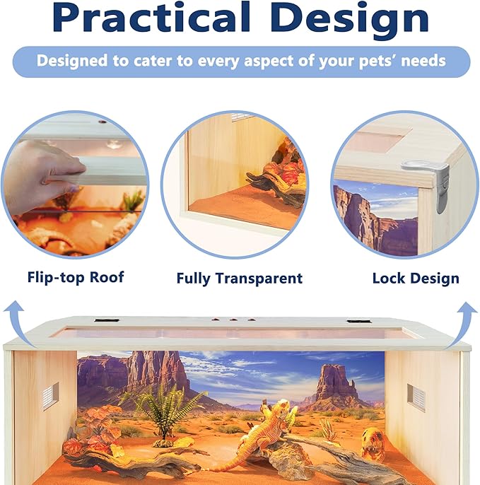 PROLEE Bearded Dragon Tank,Wooden Reptile Tank and Lizard Tank,Tempered Glass Large Bearded Dragon Enclosure with Built-in Lamp Fixture (48X20X20inch,80 Gallons)