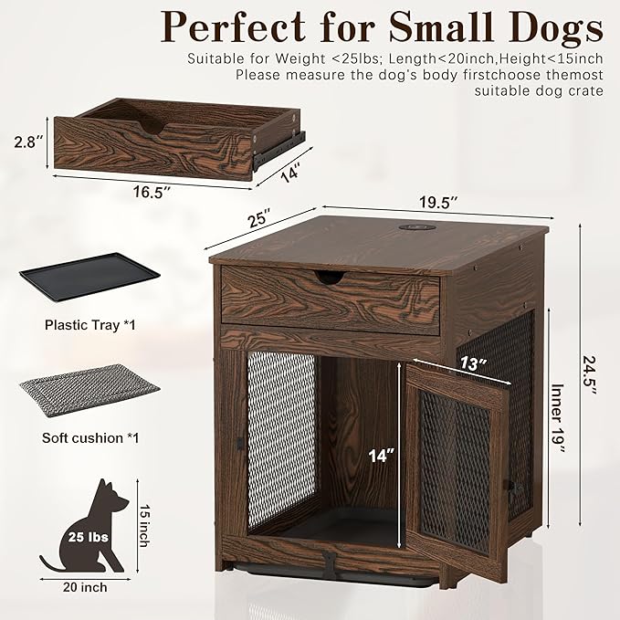 Piskyet Dog Crate Furniture,Wooden Dog Crate End Table with Storage Drawer&Cushion&Tray, QC3.0 Wireless Charging,Dual USB,Small Dogs Rustic Style