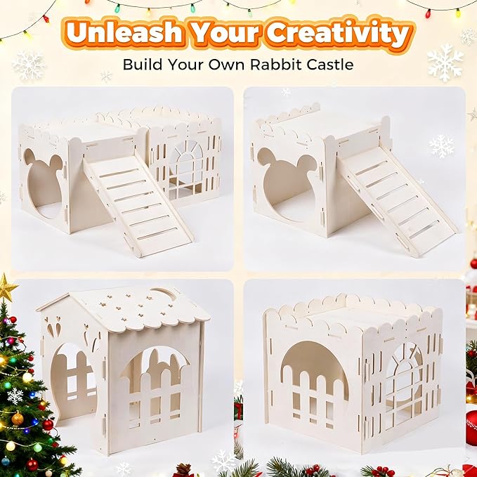 Large Rabbit House, Wooden Bunny Castle with 3 Houses Indoor, Rabbit Guinea Pig Cage Multistory Climbing Tower Sturdy Wooden Castle, Small Animal Hideaway Tunnel