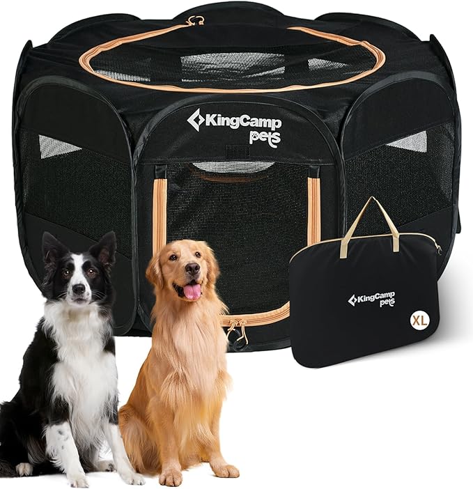 KingCamp Dog Playpen, Portable Foldable Cat Kitten Puppy Tent Crates 29"/36"/50" Pop Up Pet Playpen with Zippered Bottom & Cover for Indoor Outdoor Use (X-Large, Black)