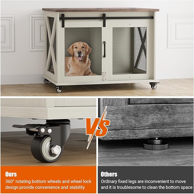 GarveeLife 37" Dog Crate Furniture, Side End Table, Farmhouse Dog Crate with Sliding Barn Door, Flip Top Wooden Dog Kennel with Wheels and Movable Divider, Indoor Dog Cage House for Medium Dogs