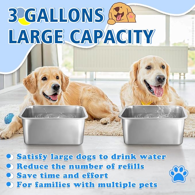 2 Pcs 3 Gallons Extra Large Dog Water Bowl, Durable Reusable Stainless Steel Dog Bowl, High Capacity Water and Food Bowl for Household with Multiple Large Dogs Indoor Outdoor