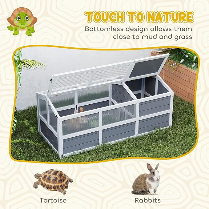 PawHut Tortoise Habitat, Wooden Outdoor Tortoise Enclosure with Doors, PC Sun Panel Windows, Bottomless Design Tortoise House for Small Animals, Rabbits, Light Gray