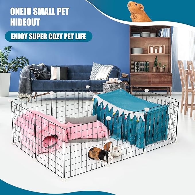 Guinea Pig Hideout - Guinea Pig Corner Hideout, Four-Sided Fringes, Rectangular Top and Washable Hides, Suitable Hides for Guinea Pigs and Rabbit, No Metal Fences, Blue