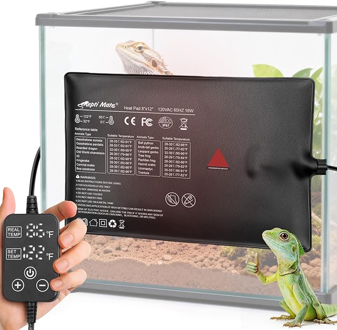 Reptile Heating Pad with Internal Sensor&Thermostat, 8" x 12" 16W Under Tank Heater Mat for 10-40 Gallon Tanks, IP67 Waterproof Safe Heat for Turtles, Bearded Dragons, Snakes, Lizards and Seedling