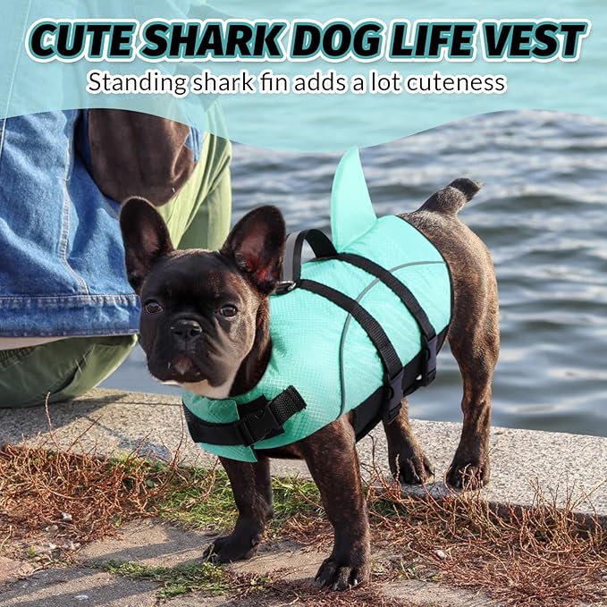 Queenmore Small Dog Life Jacket XXS, Puppy Life Jackets for Small Dogs, Little Dog Life Vest for Swimming/Boating, Cat Life Jacket/Life Vest, Lightweight Shark Pet Water Vest with Handle/Leash Hook