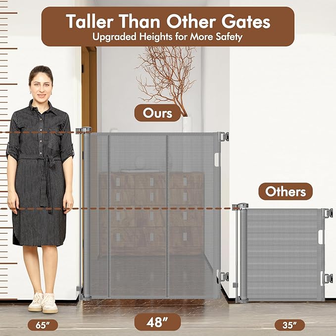 Reinforced 48" Extra Tall X 100" Extra Large Baby Gates for Wide Openings Long Dog Gate for Doorway Mesh Gates for Pets Retractable Dog Gate Indoor/Outdoor Tall Baby Gate for Cats, Gray