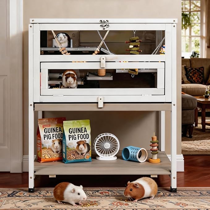 Ketive Wooden Hamster Cage Indoor with Stand and Storage Shelf, 3-Tier Small Animal Habitat with Clear Front Window, Openable Top, Anti-Chew Ramps, Hideout House, Deep Pull-Out Tray Guinea Pig cage
