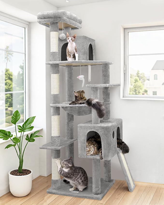 Globlazer Heavy Duty Cat Tree, 70 inch Sturdy Cat Tree for Indoor Cats Extra Large Cat Tower with Scratching Post, Hammock, Cat Condo for Adult Cats Kittens, F70 Pro, Light Grey by Globlazer