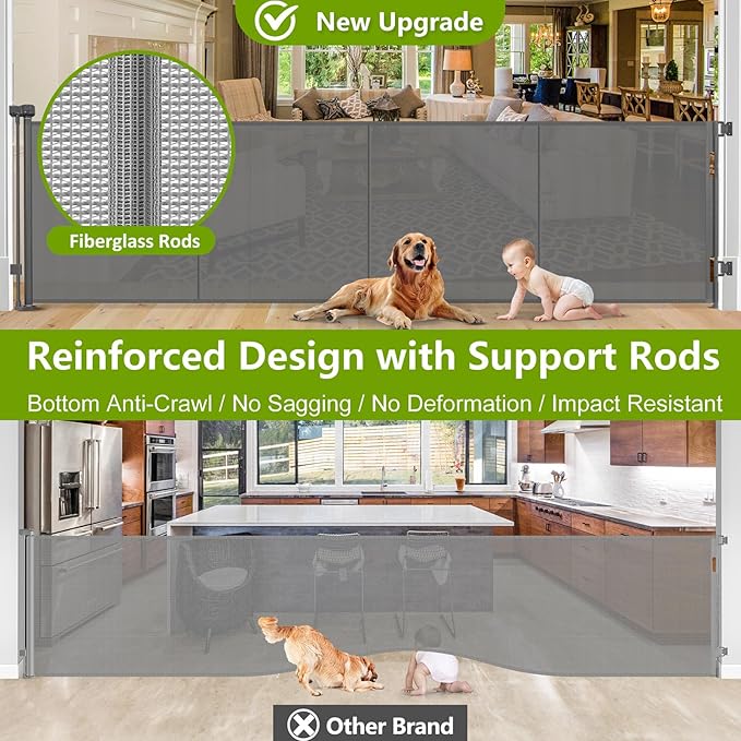 Reinforced 42" Tall Baby Gates for Dogs with Support Rods - Prevent Crawling Under, 175" Extra Wide Baby Gates for Large Openings, Tall Retractable Gate Indoor Large Dog Gate Outdoor Deck Gate, Gray