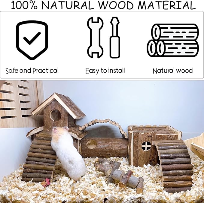 Natural Wooden Hamster Tunnel Playground Small Animal Multi-Room Hideout Houses with Climbing Ladders and Bridges for Dwarf Hamster Mice Gerbil (18.5x8.7x6in)