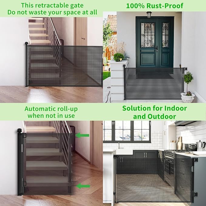 Upgraded Retractable Baby Gate for Stairs, 33"Tall Expands 55"Wide Ideal Safety Solution Dog Gate for Stairs Doorways Hallways Indoor/Outdoor Mesh Baby Gate Retractable Screen Door(Black, 86CMx140CM)