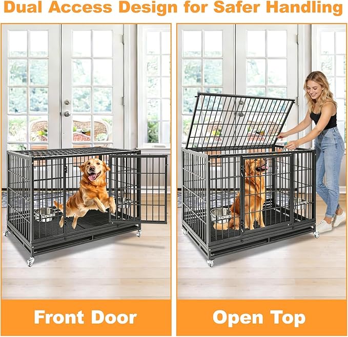Homey Pet Heavy Duty Dog Crates for Large Dogs, 47 Inch Stackable Large Dog Crate Cage with 4 Wheels, 2 Removable Trays and Grids, 2 Bowls, Multi Locks Strong & Solid Escape Proof Dogs Kennel Indoor