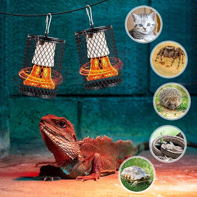 Retisee 4 Pcs Reptile Heat Lamp with Guard Bird Cage Heater 100w Ceramic Bulb Anti-scalding Heat Lamp Holder Bulb Short Grid Cage with Anti-bite Hook and Power Switch for Parrot Lizards Snakes Chicks
