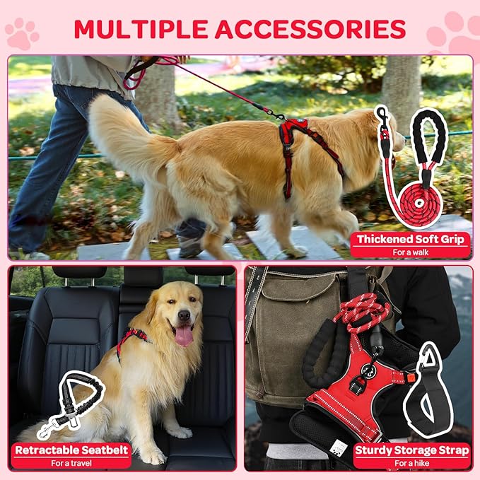 FURRYFECTION Plaid Dog Harness for Medium Dogs, Reflective No Pull Adjustable Pet Vest with Front Clip, Leash, Easy Control Handle and Seat Belt, Red, M