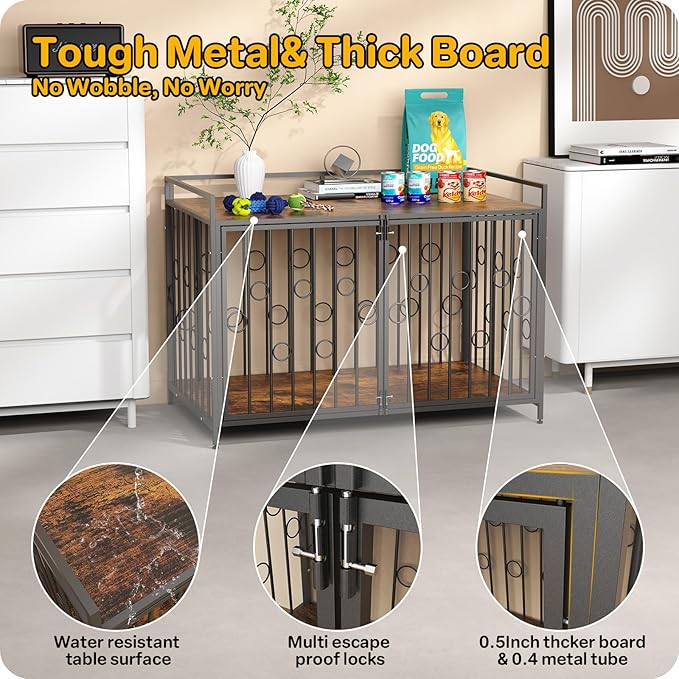 Medium Dog Crate Furniture Style, 42/48 inch Dog Crates for Medium Large Dogs, Indoor Decorative Wood Dog Crate Table with Storage Shelf, Unique Round Sturdy Pet Dog Kennel Indoor Furniture
