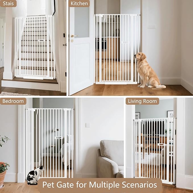 55.1" Extra Tall Dog Gate Indoor for Doorways, 30.1-33.8" Wide Cat Pet Gate for Stairs, 1.37" Gap No Drilling Auto Close High Pressure Mounted for Kitchen/Hallways, White