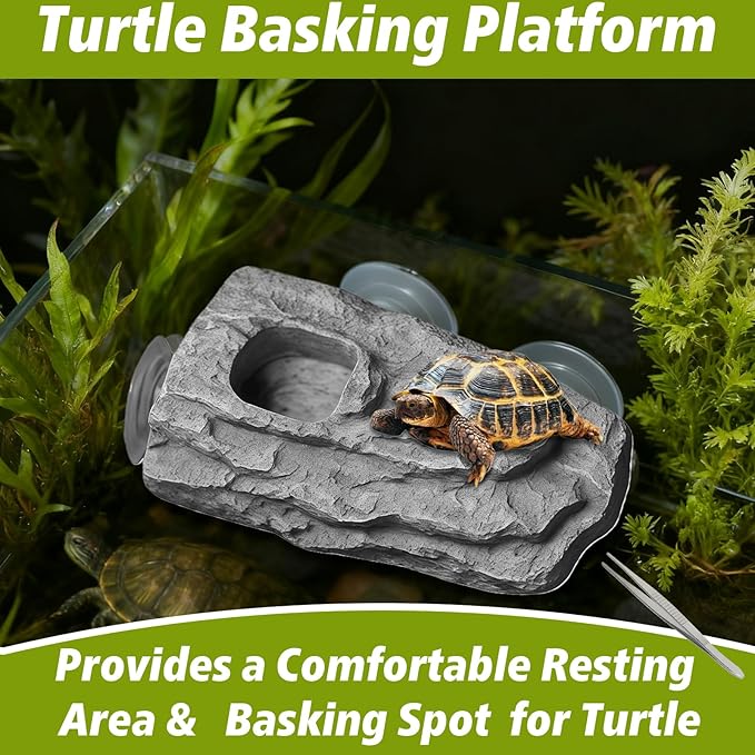 Turtle Floating Basking Platform with 3 Suction Cups & Water Bowl, Turtle Basking Platform with Feeding Tweezer for Frogs, Terrapins, Lizards(8.2×3.14×1.2 inch, Grey)