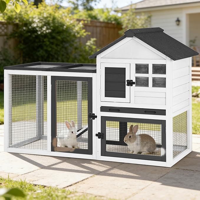 GUTINNEEN Rabbit Hutch Outdoor Rabbit Cage Indoor 51.6" L Waterproof Bunny Cage with Chew-Proof Ramp and Lockable Doors for Indoor Outdoor Use Black and White