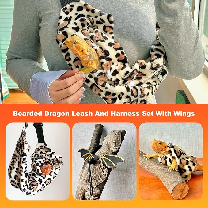 Bearded Dragon Lizard Leash Harness 3-Piece Set,Reptile Small Pet Backpack,3 Size Pack Adjustable Bearded Dragon Harness and Soft Comfortable Lizard Vest -Leopard Pattern