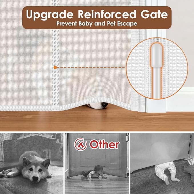 Reinforced 48" Extra Tall Baby Gate with Support Rods, 4 Ft Tall Retractable Gate for Dogs 55" Wide Pet Gates for Doorways Mesh Cat Gate - Prevent Baby/Pet from Jumping Over, White