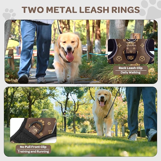 FURRYFECTION Plaid Dog Harness for Large Dogs, Reflective No Pull Adjustable Pet Vest with Front Clip, Leash, Easy Control Handle and Seat Belt, Dark Brown, XL