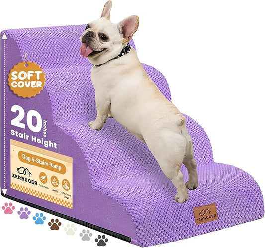 Zerbuger Dog Ramp and Stair for Bed 16" H-20 H,3-Step Cat Stair for Sofa and Chair,4-Step Dog Ramp for High Bed and Window,Durable Nonslip Fabric Cover for Indoor (Purple-20 H, Pet Friendly, 4)
