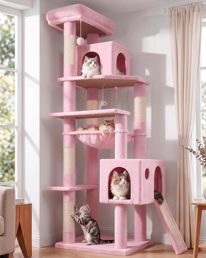 Globlazer Pink Heavy Duty Cat Tree, 70 inch Sturdy Cute Cat Tower for Indoor Cats Extra Large Cat Tower with Scratching Post, Hammock, Cat Condo for Adult Cats Kittens, F70 Pro, Pink by Globlazer