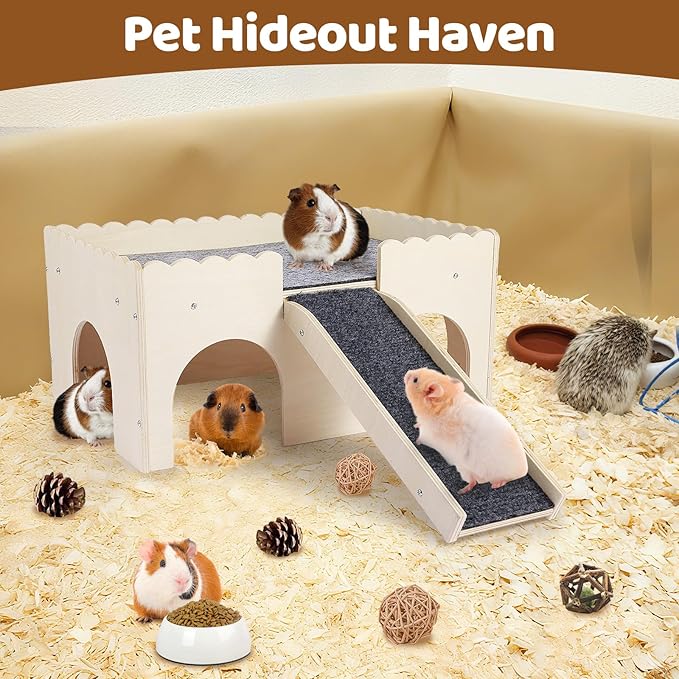 Guinea Pig Hideout 2-Tier Wooden Small Animal Hideout Sturdy Guinea Pig Castle with Ramp & Platform for Bunny, Chinchilla, Rat & Hamster - Easy Assembly Multi-Level Habitat