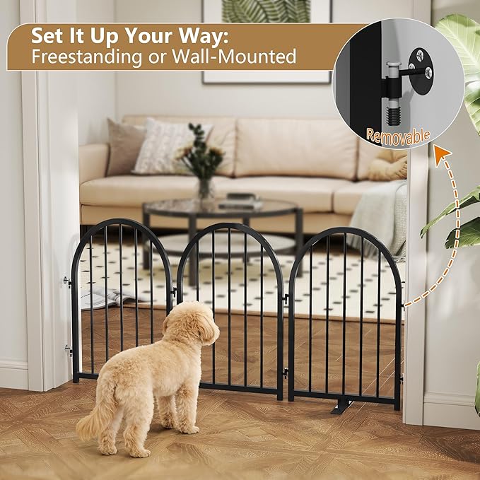 PUPETPO Full Metal Dog Gate for Indoor Outdoor, 24" Tall Free Standing Pet Dog Fence, 54" Wide Arched Pet Gates for Stairs, Hallways, Doorways, Kitchen, Decks, Yards (Black, 3 Panels)