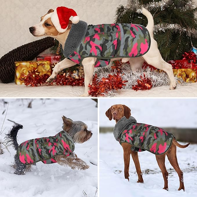 Dogcheer Warm Dog Coat, Waterproof Dog Jacket Reflective Adjustable Puppy Winter Coat with Buckle, Christmas Pet Snow Jacket Turtleneck Fleece Sweater for Small Medium Large Dogs - Camo Pink, S