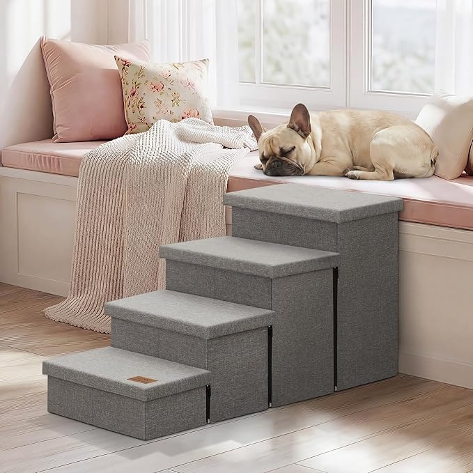Zerbuger Dog Stairs with Storage 23" H, 4-Step Wider Dog Steps for High Beds Window, Folding Sturdy Pet Stairs Gift for Injured Old Dogs Cats, Ramp for Climbing Car Up to 200 lbs,(Gray, No Condo)
