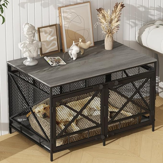 Dog Crate Furniture, Wooden Dog Kennel Table, Heavy Duty Large Indoor Dog House with Three Doors, 43" Large Size (Grey)