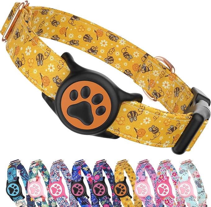 WhoseID Airtag Dog Collar,with Waterproof airtag Holder，Original Stylish Cute Pattern Design.QR Code ID Buckle，Comfortable Soft Cotton for Small Medium Large Dogs