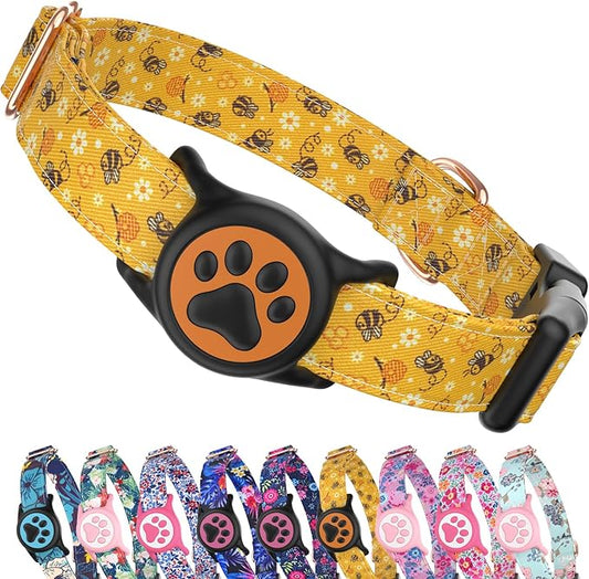WhoseID Airtag Dog Collar,with Waterproof airtag Holder，Original Stylish Cute Pattern Design.QR Code ID Buckle，Comfortable Soft Cotton for Small Medium Large Dogs