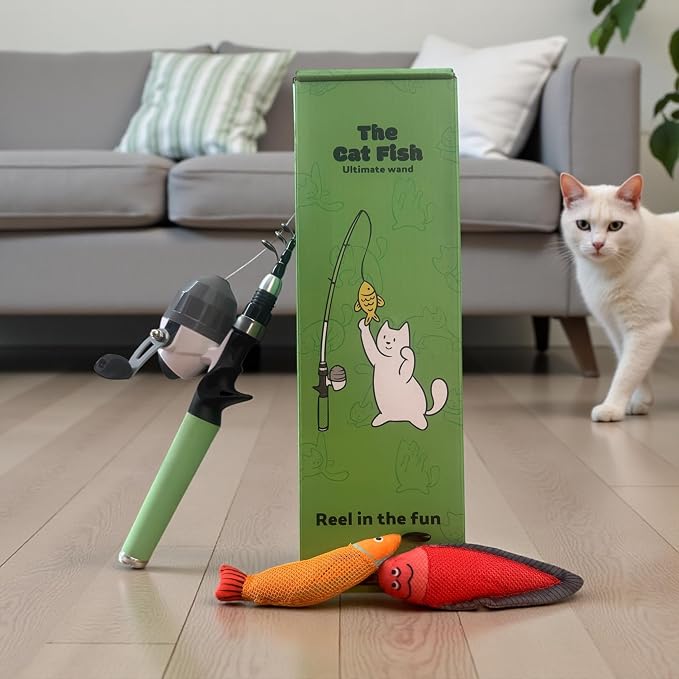 Meowy Cat Wand Toy – Cat Fishing Pole Toy with Reel The Cat Fish Fishing Rod, Telescopic Fiberglass Interactive Teaser Wand for Indoor Cats with Catnip Dental Mesh Attachments - Image 8
