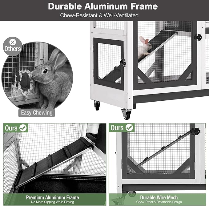 Large Rabbit Hutch Outdoor, 2-Tier Bunny Hutch with Wheels and Waterproof Roof, Wooden Guinea Pig Cage with Leak-Proof Pull-Out Trays, Multi-Door Bunny Cage for Small Animals-Black and White