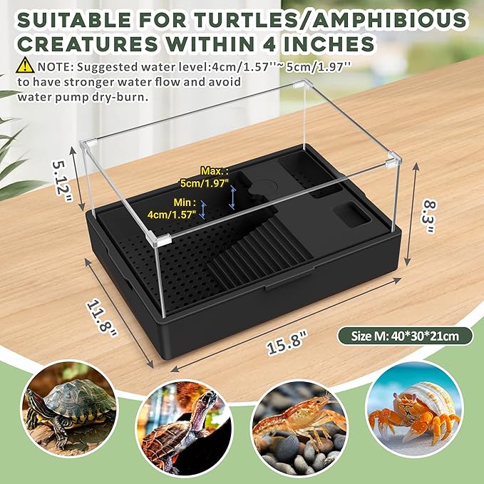 GOZILLA Small Turtle Tank Kit+Water Pump+Lamp, Acrylic Turtle Tank Starter Kit with Adjustable 5W Water Pump and Timing/Dimming Lamp, Multi-Functional Area for Small Turtles(Black Kit).