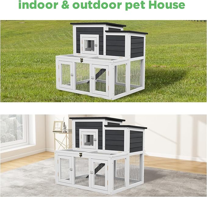 Small Chicken Coop for 2 Chickens,Wooden Chicken Coops with Nesting Boxes Indoor Outdoor,Bunny House Rabbit Hutch Poultry Pet Run Cage with 2 Waterproof Roof, Stairs&Leak-Proof-Tray (White)
