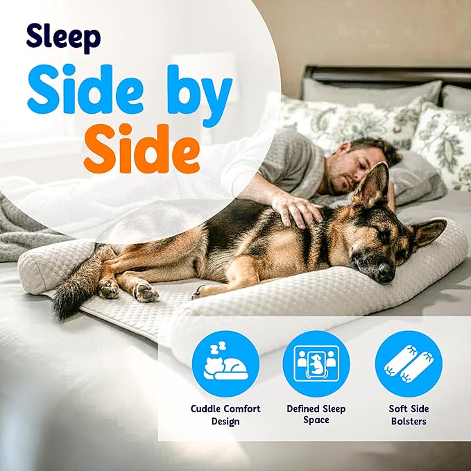 DenMate - On-Bed Dog Bed for Medium/Large Dogs (26x40), Stabilizing 100% Cotton Bolsters for Night Movement, Improves Comfort & Sleep for Dogs & Owners, Machine Washable Pet Mattress (White)