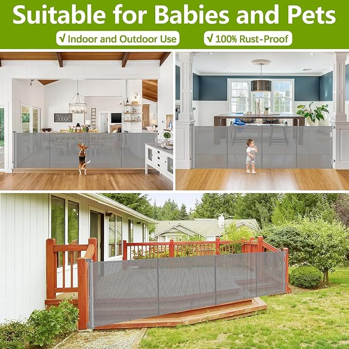 Reinforced 42" Extra Tall Pet Gate 155" Extra Wide Retractable Baby Gate with Support Rods - Prevent Crawling Under, Indoor/Outdoor Mesh Safety Gate Extra Wide Dog Gate Tall Baby Gates for Dogs, Gray