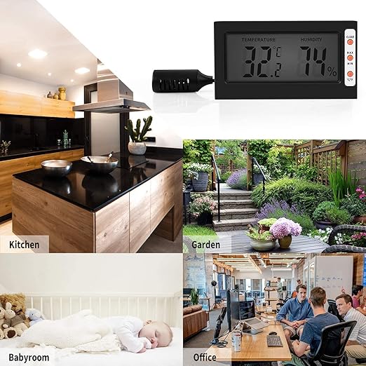 Simple Deluxe Digital Thermometer and Humidity Gauge with Remote Probes for Brooder Reptiles Terrarium, 4 Pack, Black