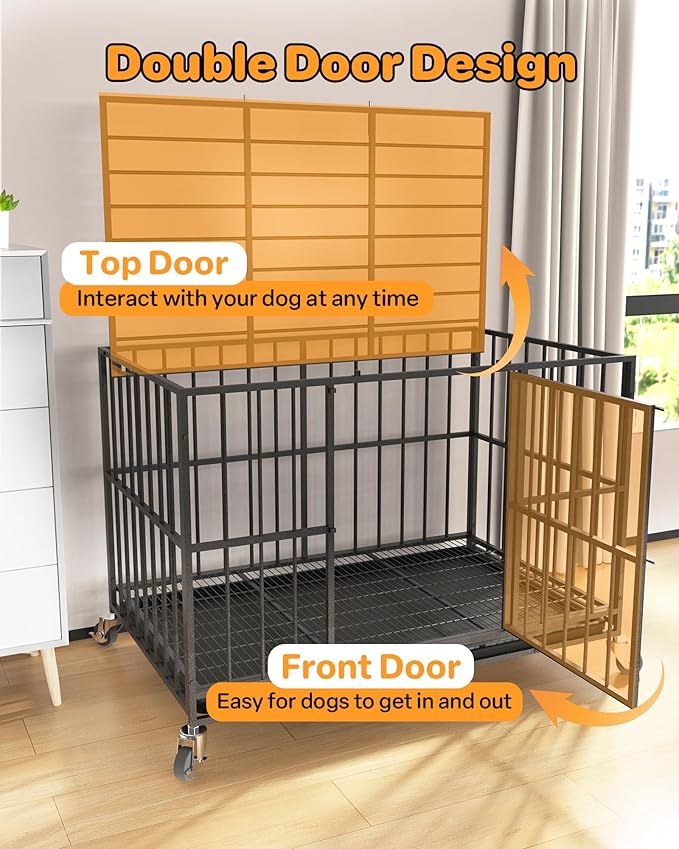 48 in Heavy Duty Dog Crate for Large Dogs, Dog Kennel Indoor with Removable Tray and Lockable Wheels, Easy to Clean, XL Dog Cage for Large and Medium Dogs