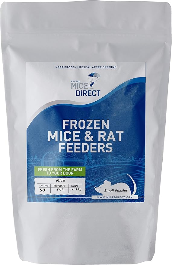 MiceDirect 50 Frozen Mice Small Fuzzie Feeders Snake Food for Juvenile Hognose Corn Milk (.5-1 in) (150 Grams Min)