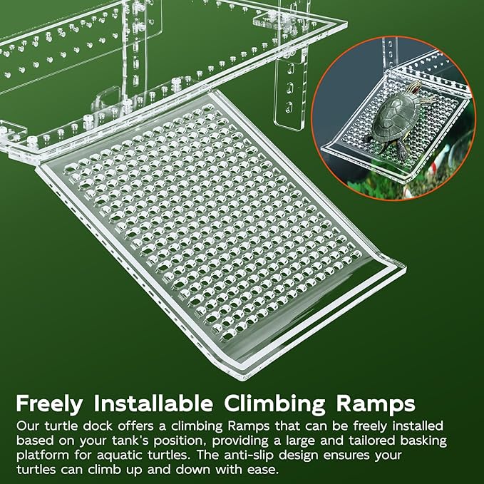 Hanging Turtle Dock Turtle Tank Accessories Adjustable, Large Basking Platform with Freely Installable Climbing Ramps for Aquatic Turtles Sturdy, Wobble-Free Design in Acrylic Material (15")