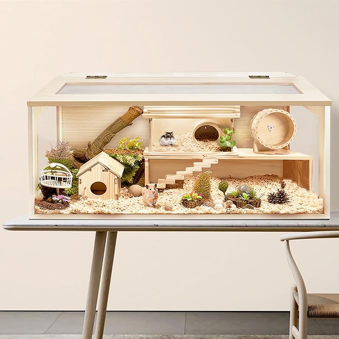 PROLEE Hamster Cage with Chewproof Wood Top, Guinea Pig Cages, Hamster Habitat with Clear Acrylic Sheets Solid Built, Small Animal Cage (Oak, 48X19.5X19.5 inch)