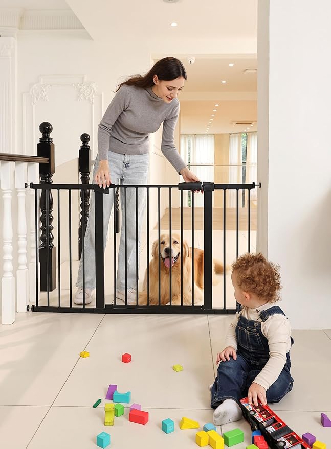 53.46"-55.63" Baby and Pet Safety Gate, 30" Tall Metal Walk-Thru Gate for Doorways & Stairs, Easy One-Hand Open, Dual Lock, Extensions & Wall Mounts Included (Black, 29"-54" W x 30.5“H)