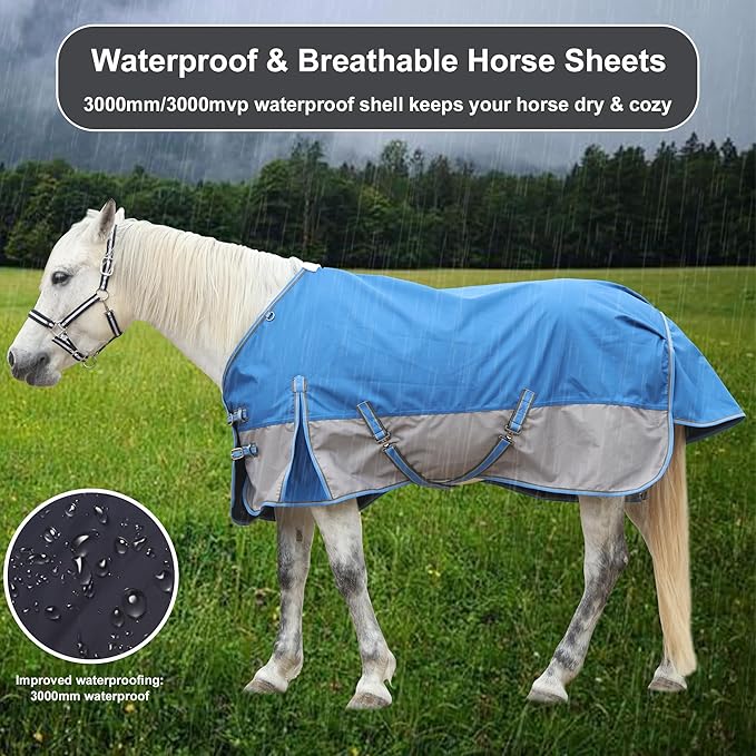 1200D Ripstop Waterproof Breathable Horse Blanket (0g No Fill), Lightweight Turnout Rain Sheet, Keeps Dry in Mud & Wet Weather Bluegrey 81"