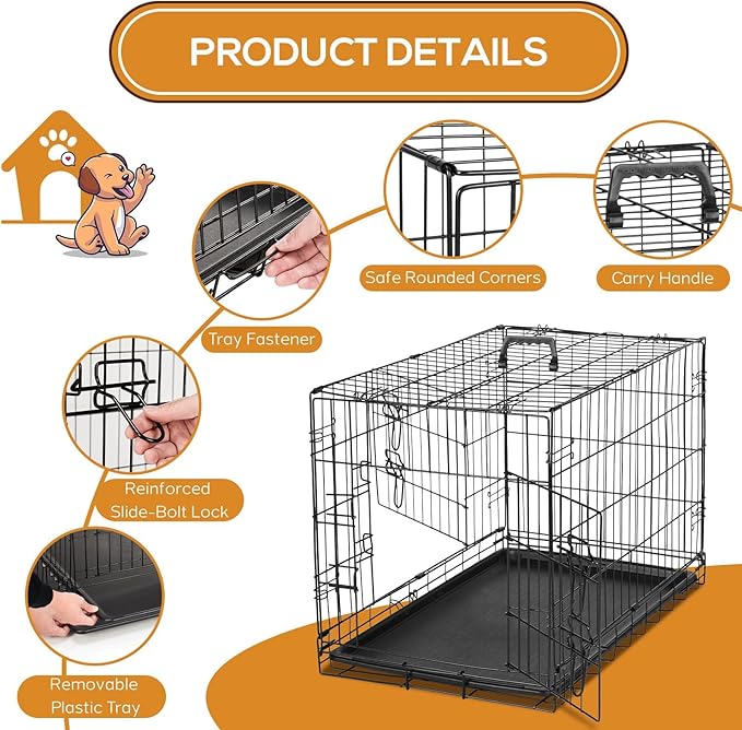 Dog Crate - Medium 36 Inch Double Door Portable Dog Cage, Metal Wire Pet Kennel with Secure Lock, Leak-Proof Pan Tray, Foldable Design for Dogs Pets Indoor Training and Outdoor Trave